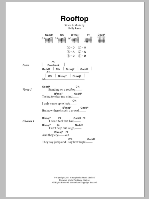 Stereophonics Rooftop sheet music notes and chords. Download Printable PDF.