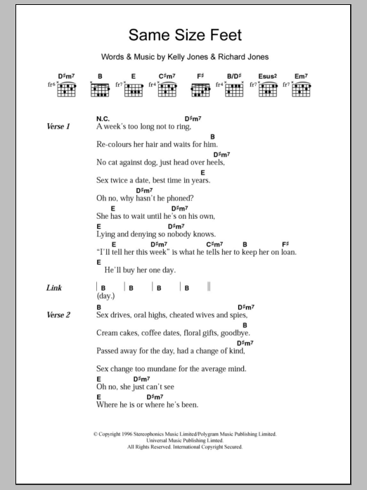 Stereophonics Same Size Feet sheet music notes and chords. Download Printable PDF.