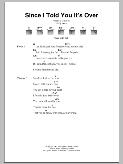 Stereophonics Since I Told You It's Over sheet music notes and chords. Download Printable PDF.