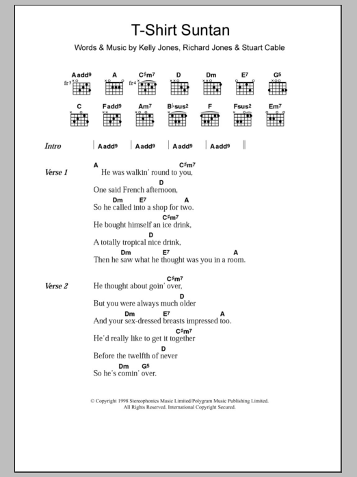 Stereophonics T-Shirt Suntan sheet music notes and chords. Download Printable PDF.