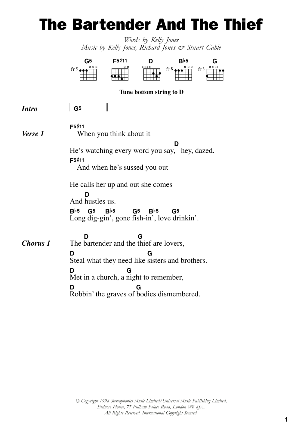 Stereophonics The Bartender And The Thief sheet music notes and chords. Download Printable PDF.