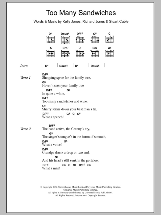 Stereophonics Too Many Sandwiches sheet music notes and chords. Download Printable PDF.