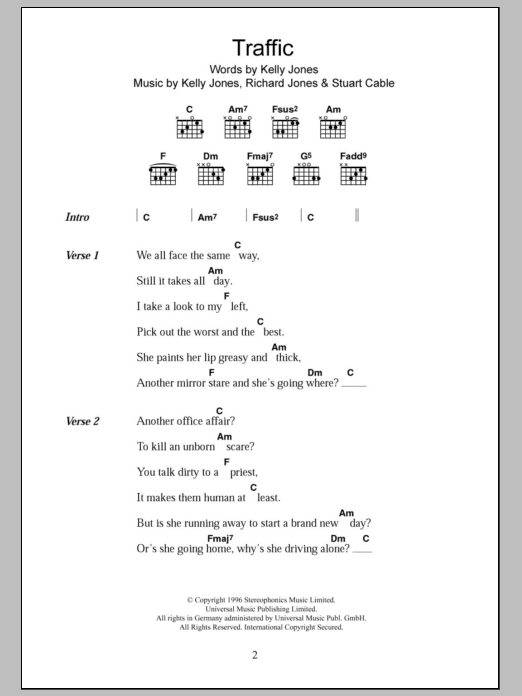 Stereophonics Traffic sheet music notes and chords. Download Printable PDF.