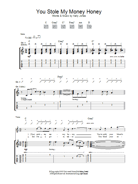 Stereophonics You Stole My Money Honey sheet music notes and chords. Download Printable PDF.