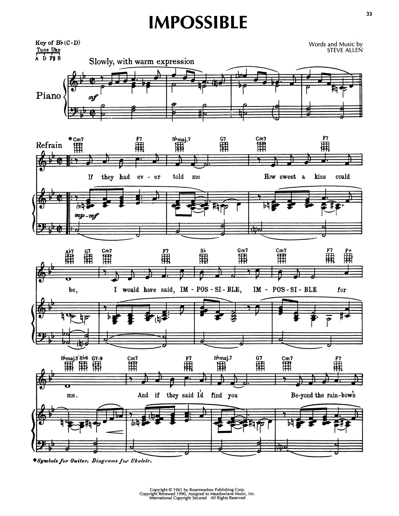 Learn to play Steve Allen Impossible sheet music for Piano, Vocal & Guitar Chords (Right-Hand Melody) in minutes. Price: 7.8900$ Steve Allen Impossible sheet music notes and chords arranged for Piano, Vocal & Guitar Chords (Right-Hand Melody)