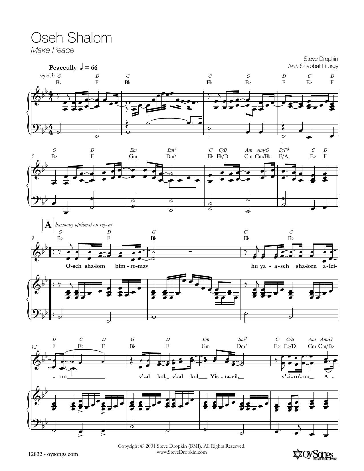 Steve Dropkin Oseh Shalom sheet music notes and chords. Download Printable PDF.