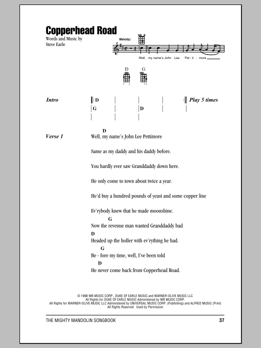 Steve Earle Copperhead Road sheet music notes and chords. Download Printable PDF.