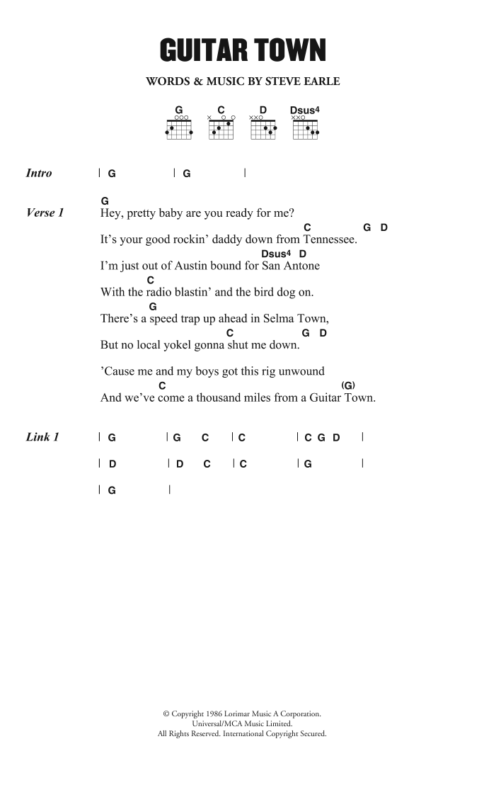 Steve Earle Guitar Town sheet music notes and chords. Download Printable PDF.