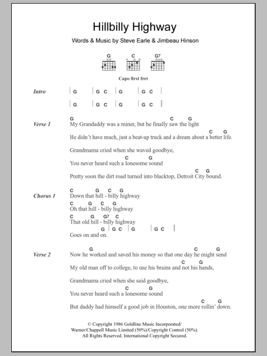 Steve Earle Hillbilly Highway sheet music notes and chords. Download Printable PDF.