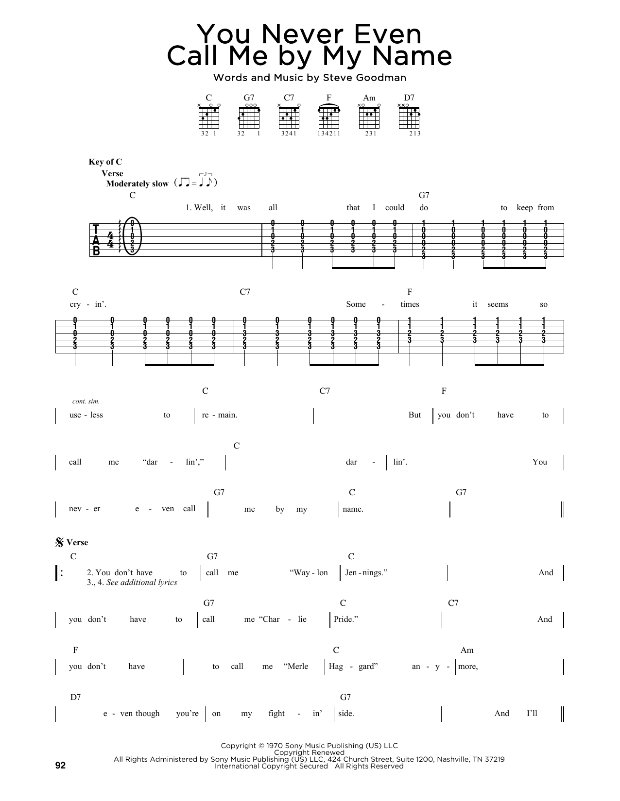 Steve Goodman You Never Even Call Me By My Name sheet music notes and chords. Download Printable PDF.