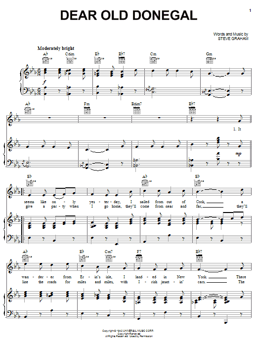 Learn to play Steve Graham Dear Old Donegal sheet music for Piano, Vocal & Guitar Chords (Right-Hand Melody) in minutes. Price: 7.8900$ Steve Graham Dear Old Donegal sheet music notes and chords arranged for Piano, Vocal & Guitar Chords (Right-Hand Melody)