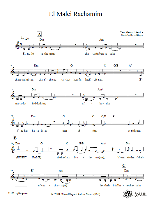 Steve Klaper El Malei Rachamim sheet music notes and chords. Download Printable PDF.