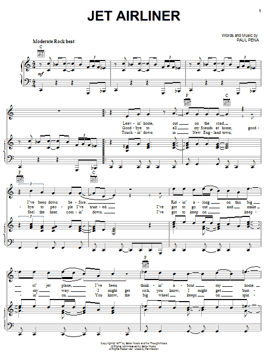 Steve Miller Band Jet Airliner sheet music notes and chords. Download Printable PDF.