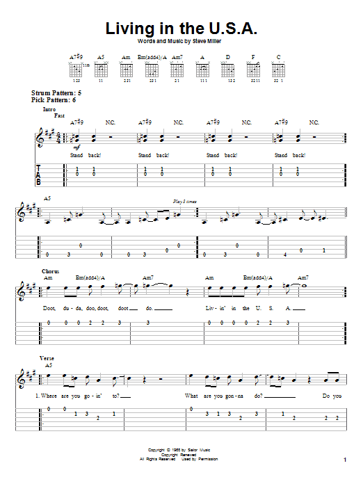 Steve Miller Band Living In The U.S.A. sheet music notes and chords. Download Printable PDF.