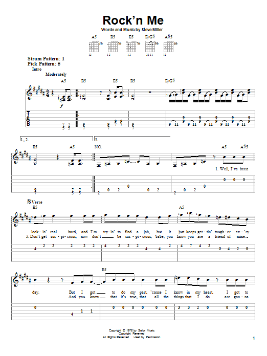 Steve Miller Band Rock'n Me sheet music notes and chords. Download Printable PDF.