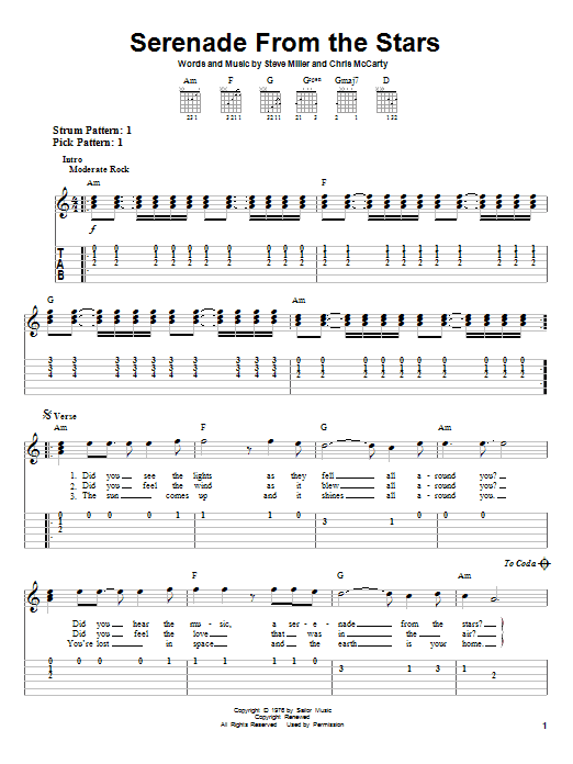 Steve Miller Band Serenade From The Stars sheet music notes and chords. Download Printable PDF.