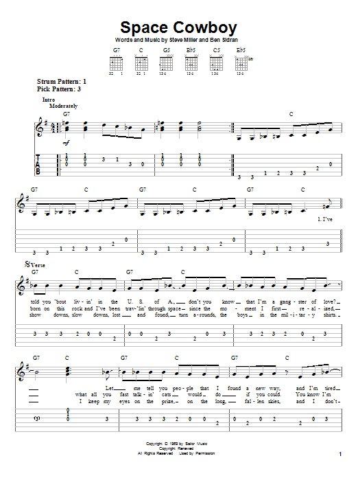 Steve Miller Band Space Cowboy sheet music notes and chords. Download Printable PDF.