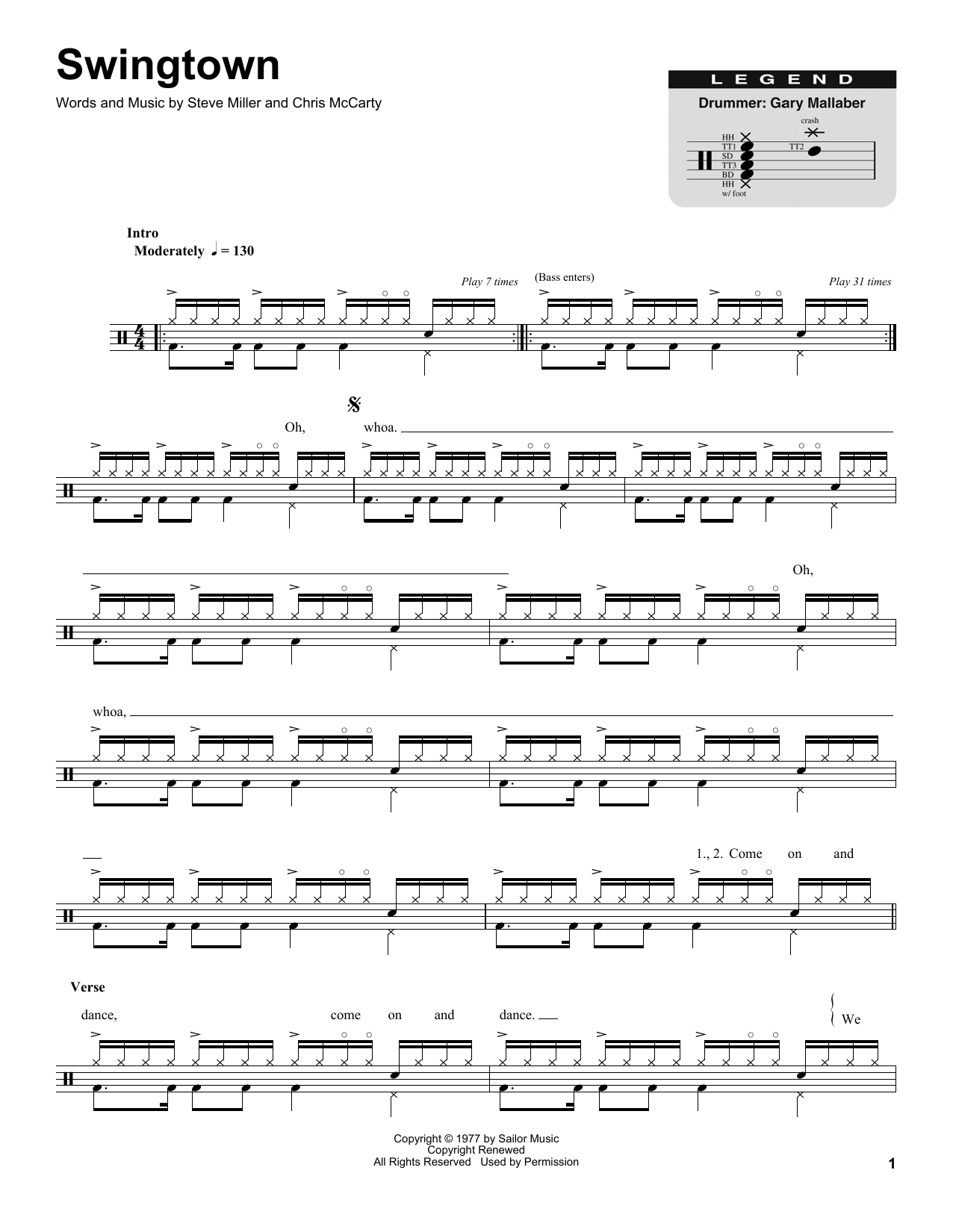 Steve Miller Band Swingtown sheet music notes and chords. Download Printable PDF.