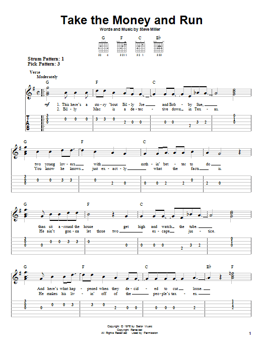 Steve Miller Band Take The Money And Run sheet music notes and chords. Download Printable PDF.