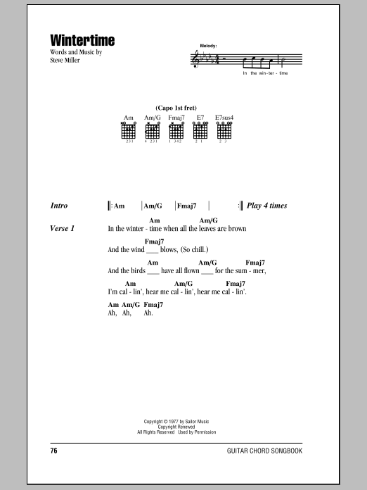 Steve Miller Band Wintertime sheet music notes and chords arranged for Guitar Chords/Lyrics