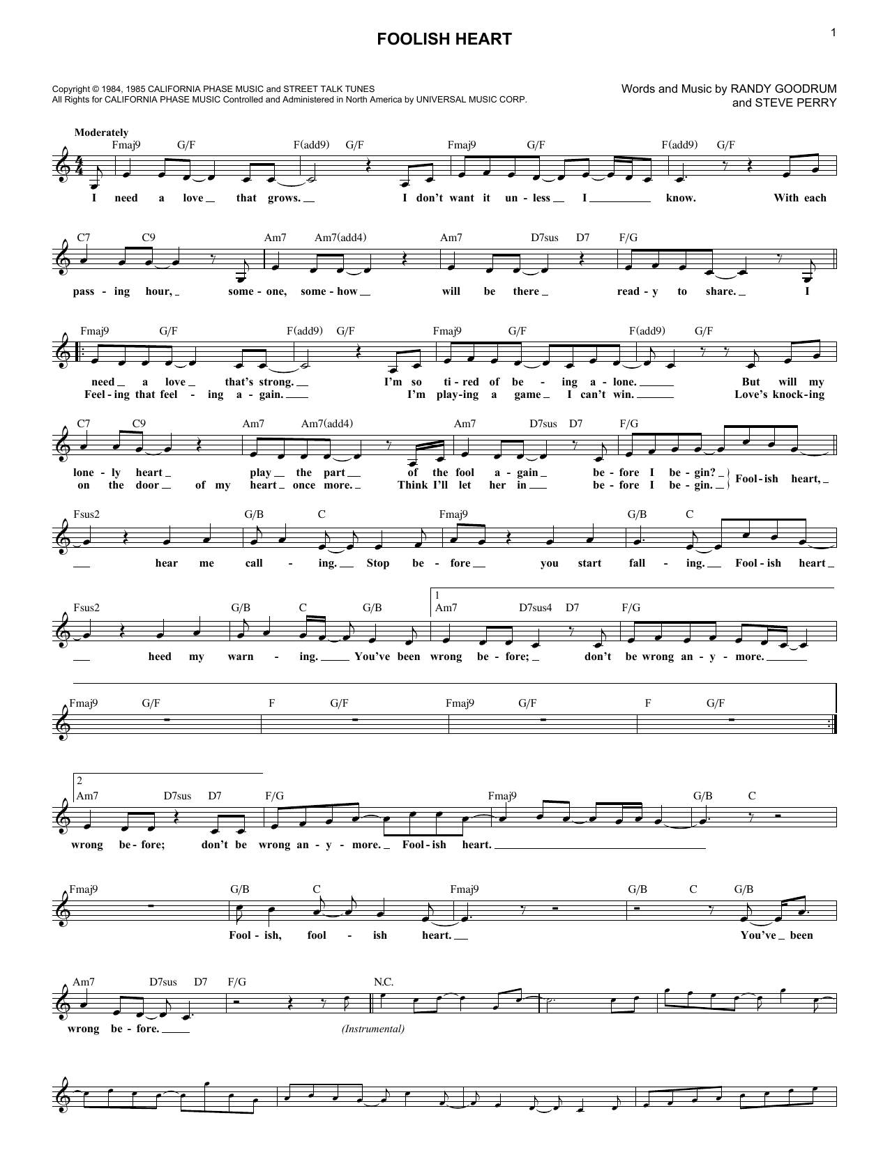 Steve Perry Foolish Heart sheet music notes and chords. Download Printable PDF.