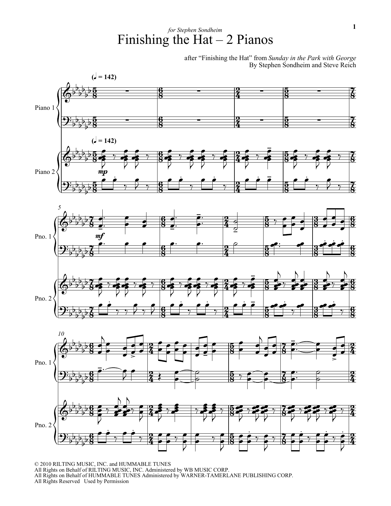 Learn to play Steve Reich Finishing The Hat - Two Pianos sheet music for Piano Duet in minutes. Price: 7.8900$ Steve Reich Finishing The Hat - Two Pianos sheet music notes and chords arranged for Piano Duet