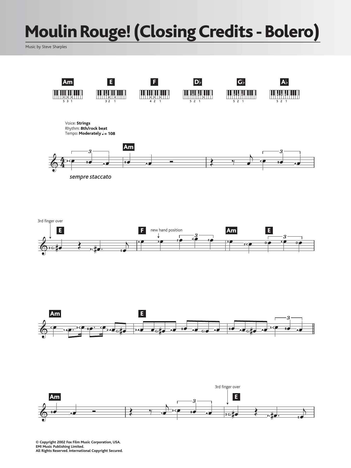 Steve Sharples Bolero (Closing Credits from 'Moulin Rouge') sheet music notes and chords. Download Printable PDF.