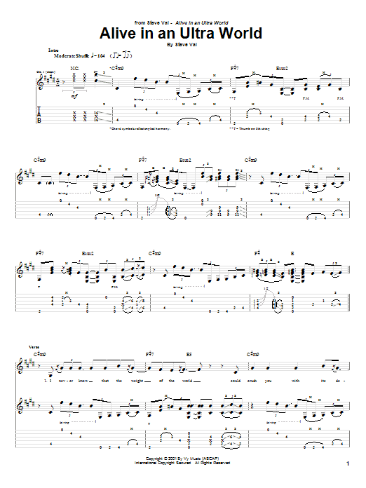 Learn to play Steve Vai Alive In An Ultra World sheet music for Guitar Tab in minutes. Price: 7.8900$ Steve Vai Alive In An Ultra World sheet music notes and chords arranged for Guitar Tab