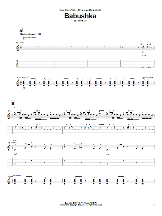 Learn to play Steve Vai Babushka sheet music for Guitar Tab in minutes. Price: 7.8900$ Steve Vai Babushka sheet music notes and chords arranged for Guitar Tab