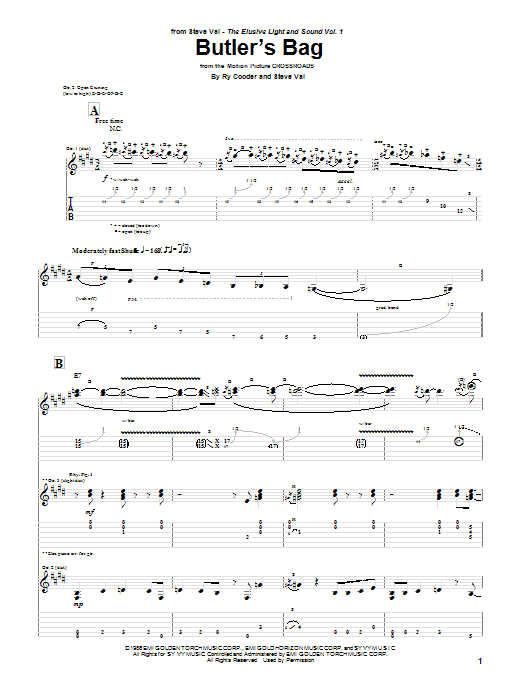 Learn to play Steve Vai Butler's Bag sheet music for Guitar Tab in minutes. Price: 7.8900$ Steve Vai Butler's Bag sheet music notes and chords arranged for Guitar Tab