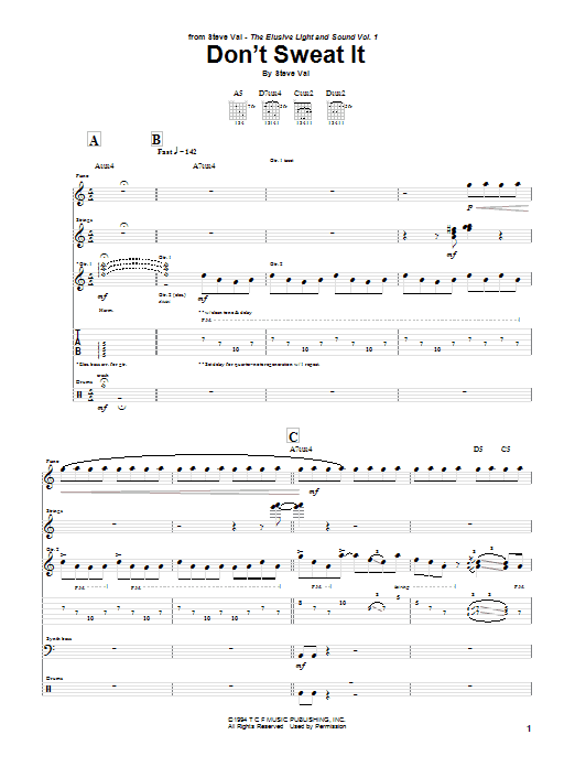 Learn to play Steve Vai Don't Sweat It sheet music for Guitar Tab in minutes. Price: 7.8900$ Steve Vai Don't Sweat It sheet music notes and chords arranged for Guitar Tab