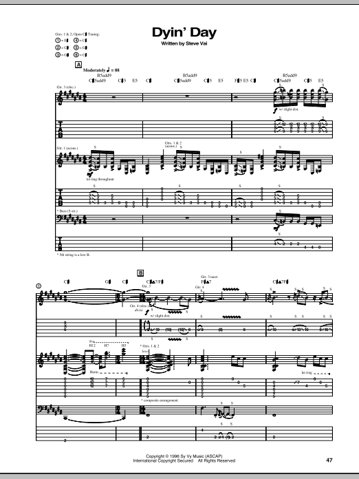 Learn to play Steve Vai Dyin' Day sheet music for Guitar Tab in minutes. Price: 7.8900$ Steve Vai Dyin' Day sheet music notes and chords arranged for Guitar Tab