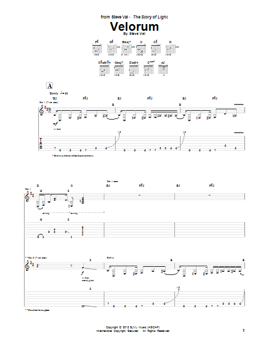 Learn to play Steve Vai Velorum sheet music for Guitar Tab in minutes. Price: 7.8900$ Steve Vai Velorum sheet music notes and chords arranged for Guitar Tab