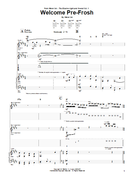 Learn to play Steve Vai Welcome Pre-Frosh sheet music for Guitar Tab in minutes. Price: 7.8900$ Steve Vai Welcome Pre-Frosh sheet music notes and chords arranged for Guitar Tab