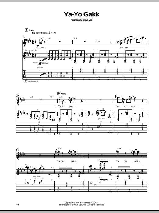 Learn to play Steve Vai Ya-Yo Gakk sheet music for Guitar Tab in minutes. Price: 7.8900$ Steve Vai Ya-Yo Gakk sheet music notes and chords arranged for Guitar Tab