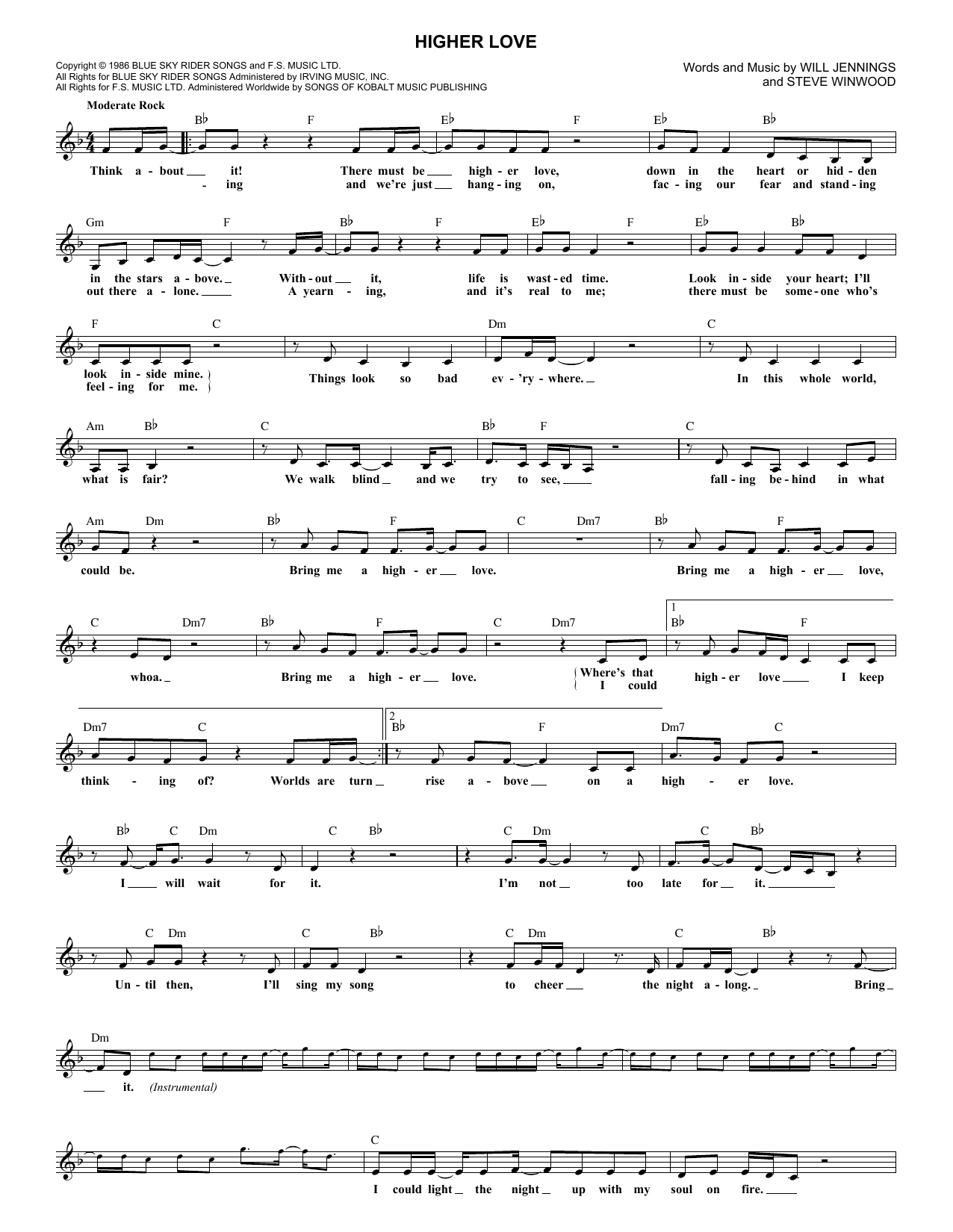 Steve Winwood Higher Love sheet music notes and chords. Download Printable PDF.