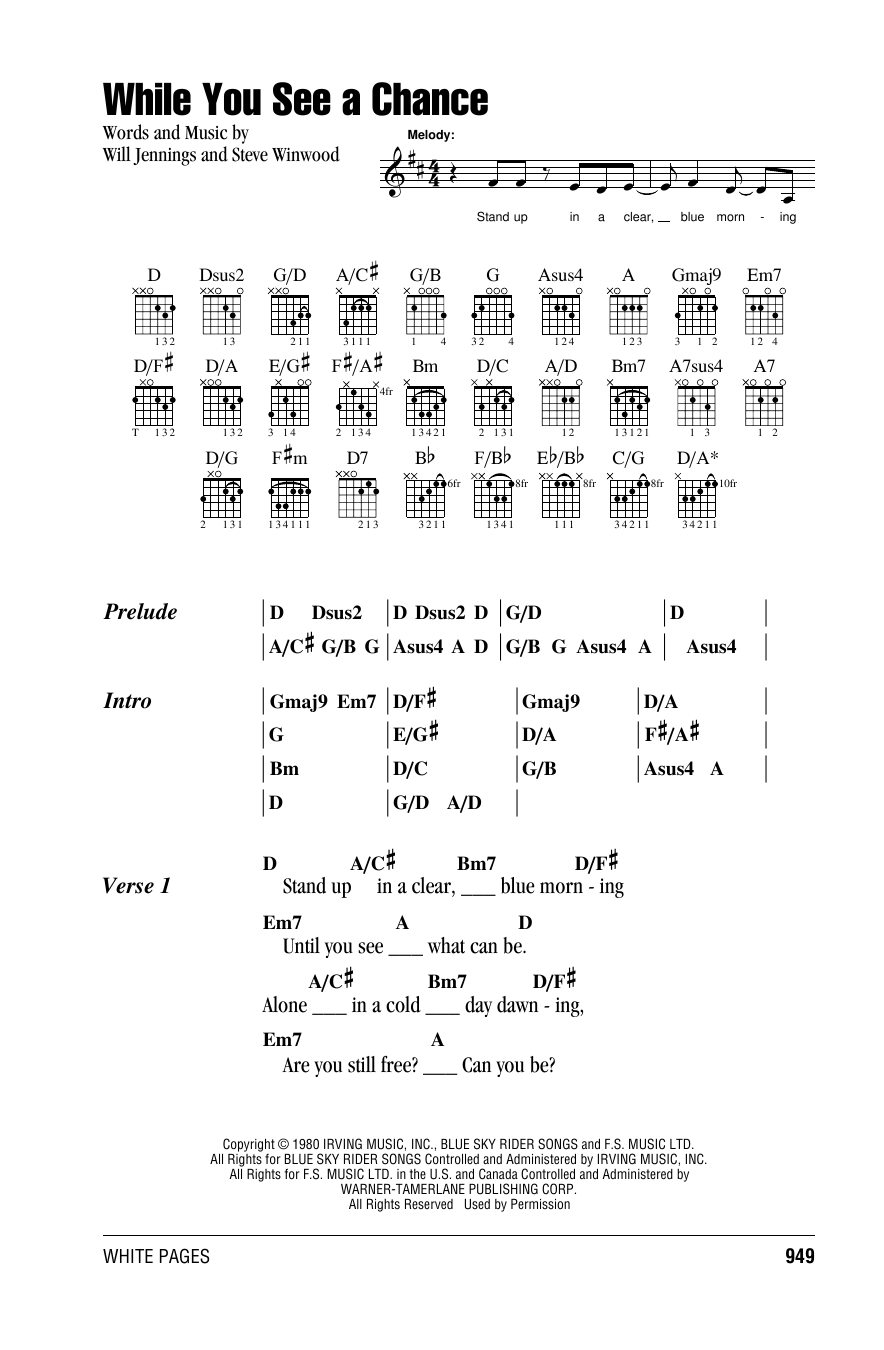 Steve Winwood While You See A Chance sheet music notes and chords. Download Printable PDF.