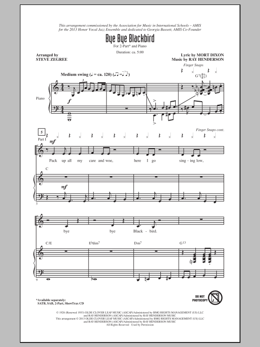 Ray Henderson Bye Bye Blackbird (arr. Steve Zegree) sheet music notes and chords. Download Printable PDF.