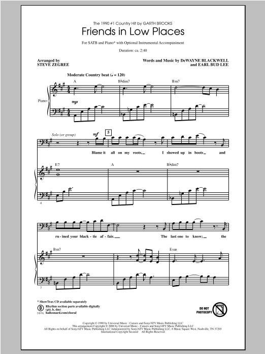 Steve Zegree Friends In Low Places sheet music notes and chords. Download Printable PDF.