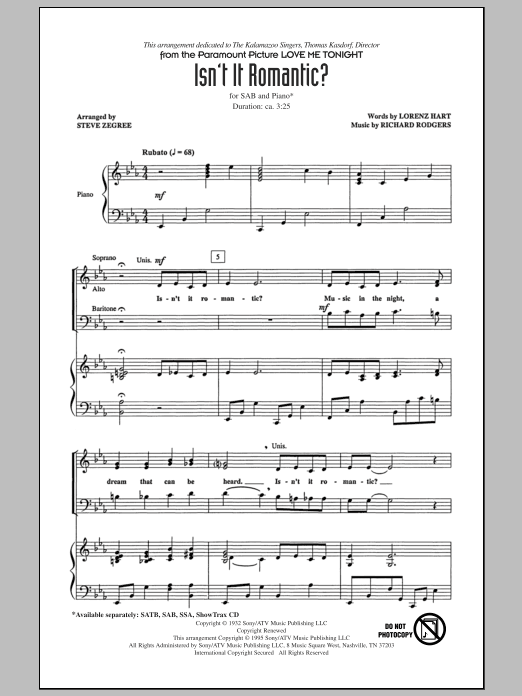 Rodgers & Hart Isn't It Romantic? (arr. Steve Zegree) sheet music notes and chords arranged for SAB Choir