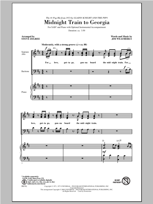 Gladys Knight & The Pips Midnight Train To Georgia (arr. Steve Zegree) sheet music notes and chords arranged for SAB Choir