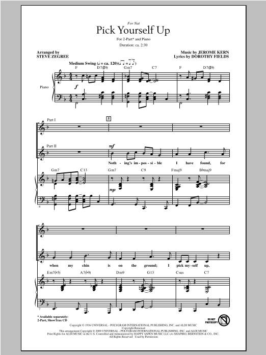 Learn to play Steve Zegree Pick Yourself Up sheet music for 2-Part Choir in minutes. Price: 3.9900$ Steve Zegree Pick Yourself Up sheet music notes and chords arranged for 2-Part Choir