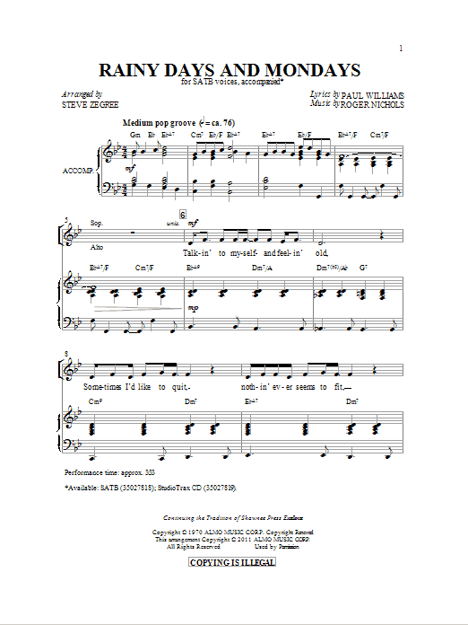 Carpenters Rainy Days And Mondays (arr. Steve Zegree) sheet music notes and chords. Download Printable PDF.