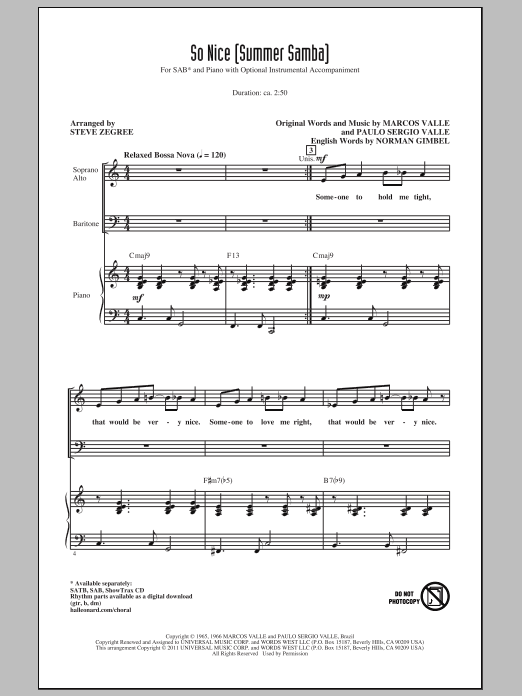 Marcos Valle So Nice (Summer Samba) (arr. Steve Zegree) sheet music notes and chords. Download Printable PDF.