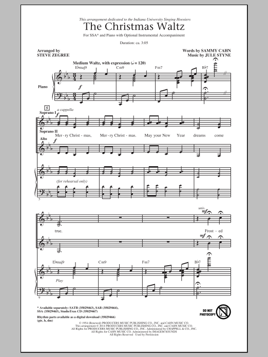 Frank Sinatra The Christmas Waltz (arr. Steve Zegree) sheet music notes and chords. Download Printable PDF.