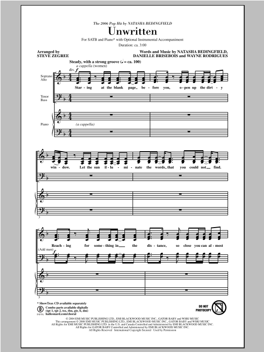 Steve Zegree Unwritten sheet music notes and chords. Download Printable PDF.