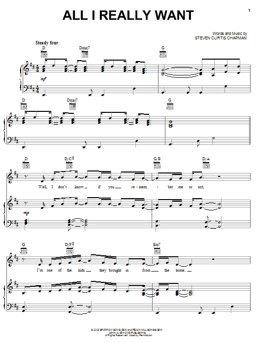 Learn to play Steven Curtis Chapman All I Really Want sheet music for Piano, Vocal & Guitar Chords (Right-Hand Melody) in minutes. Price: 7.8900$ Steven Curtis Chapman All I Really Want sheet music notes and chords arranged for Piano, Vocal & Guitar Chords (Right-Hand Melody)