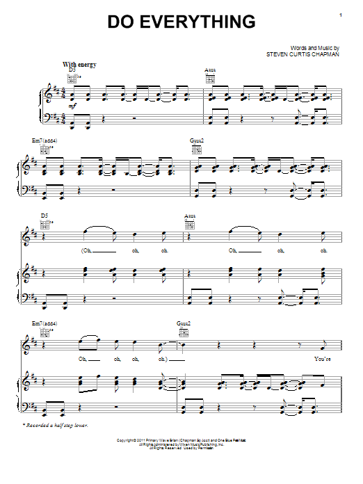 Learn to play Steven Curtis Chapman Do Everything sheet music for Piano, Vocal & Guitar Chords (Right-Hand Melody) in minutes. Price: 7.8900$ Steven Curtis Chapman Do Everything sheet music notes and chords arranged for Piano, Vocal & Guitar Chords (Right-Hand Melody)