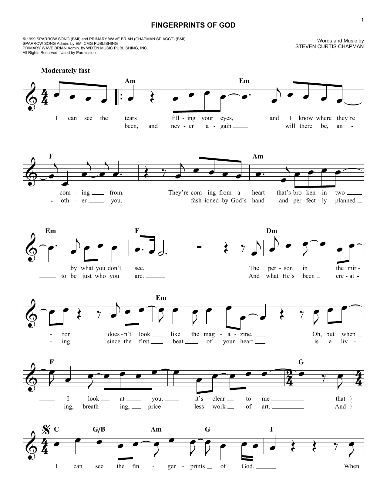 Steven Curtis Chapman Fingerprints Of God sheet music notes and chords. Download Printable PDF.