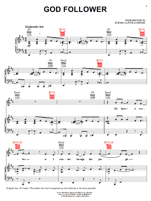 Learn to play Steven Curtis Chapman God Follower sheet music for Piano, Vocal & Guitar Chords (Right-Hand Melody) in minutes. Price: 7.8900$ Steven Curtis Chapman God Follower sheet music notes and chords arranged for Piano, Vocal & Guitar Chords (Right-Hand Melody)